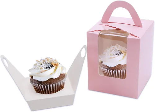 Miniatura 6 de EUSOAR Cajas individuales para cupcakes, 25 recipientes individuales de 3.6 x 3.6 x 4.3 pulgadas, cajas de regalo para magdalenas con asa para Rosa