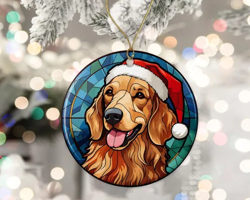 Miniatura 2 de Golden Retriever - Adorno de cerámica de vitral de Navidad, adorno colgante para árbol de Navidad, adorno de vitral de perro, adorno religioso