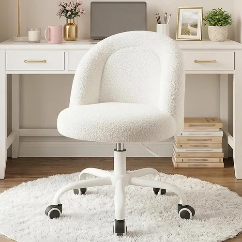 Miniatura 4 de DurayLoly - Silla de tocador, silla de maquillaje de vellón suave con ruedas silenciosas, altura ajustable y giro de 360°, diseño sin brazos que