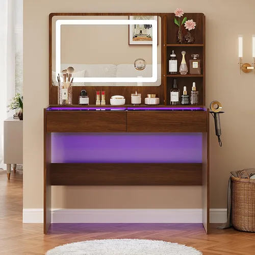 Miniatura 10 de Escritorio de maquillaje con espejo y luces, 3 modos de iluminación y brillo ajustable, tocador de maquillaje con toma de corriente, 2 cajones RGB