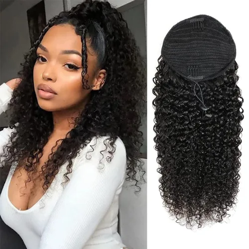 Miniatura 39 de Extensiones de pelo rizado con cordón para cola de caballo, extensiones de cabello humano para mujer con dos clips 1B# 120g/set (71cm)
