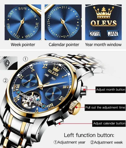 Miniatura 4 de OLEVS Reloj automático para hombre, cuerda automática, mecánica, de lujo, de acero inoxidable, multicalendario, impermeable, luminoso, reloj