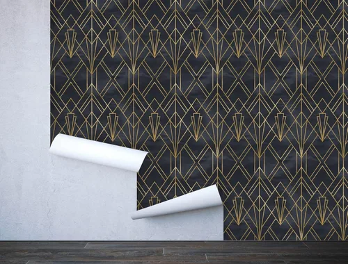 Papel tapiz extraíble para despegar y pegar, mural de pared Art Deco autoadhesivo, líneas geométricas Art Deco, fondo negro acuarela (muestra de 12