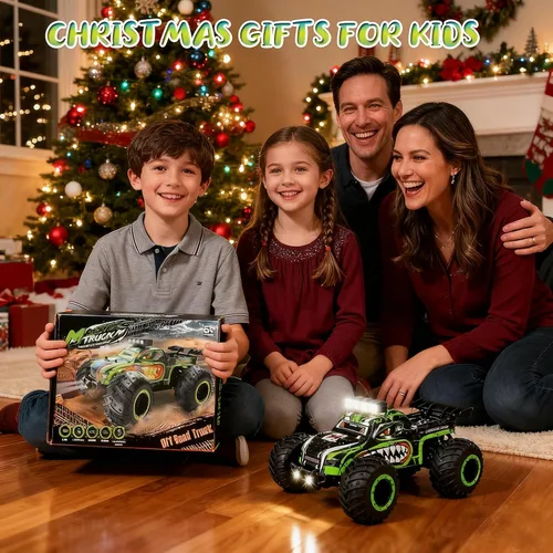 Miniatura 2 de Camión monstruo con control remoto para niños: coche RC todoterreno con faros y luces en el cuerpo, 1:18, 20 km/h, tracción a 2 ruedas, 2.4 GHz