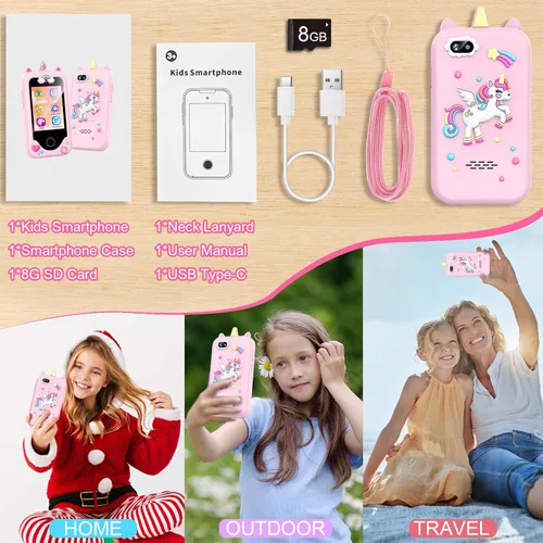 Miniatura 7 de Nikuku Teléfono para niños para niñas, teléfono inteligente para niños pequeños, regalo de cumpleaños de Navidad de 3, 4, 5, 6, 7, 8, 9, para niños