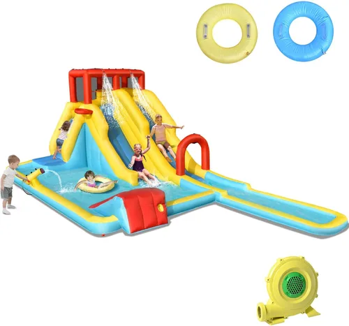 Miniatura 11 de HONEY JOY Tobogán acuático inflable, doble tobogán gigante con parque acuático con escalada, piscina de salpicaduras, toboganes acuáticos inflables