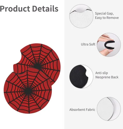 Miniatura 4 de Funda para volante de telaraña roja con 2 posavasos para automóvil, protector de volante antideslizante y transpirable de 15 pulgadas, accesorios