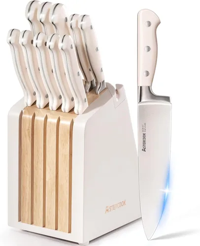 Juego de cuchillos Astercook, juego de cuchillos de cocina con bloque y afilador, juego de 12 piezas de cuchillos de acero inoxidable de alto