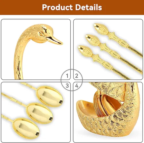 Miniatura 3 de Juego de cucharas de postre de café, soporte de base de cisne, organizador de cuchara con 6 cucharas para café, frutas, postres, mezcla, azúcar