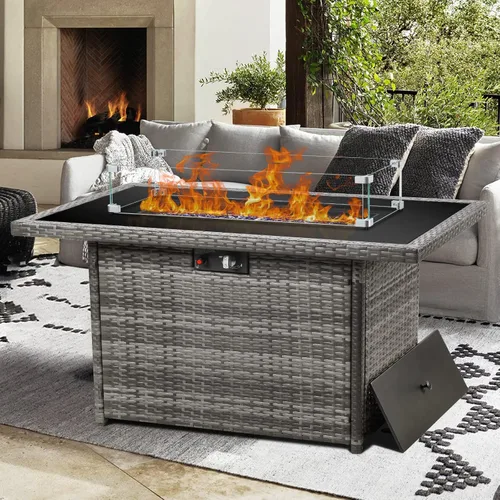 Mesa con fogón a propano Vakollia, fogón de gas al aire libre de 44 pulgadas 55000 BTU rectangular con protector contra el viento de vidrio para la