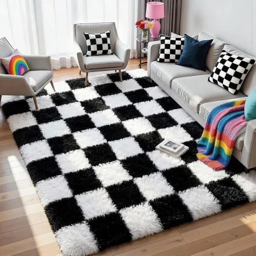 Miniatura 15 de KICMOR - Tapete a cuadros afelpado, peludo, mullido, color beige y blanco crema, pequeño, de 2 x 3 pies, para dormitorio, sala, junto a la cama
