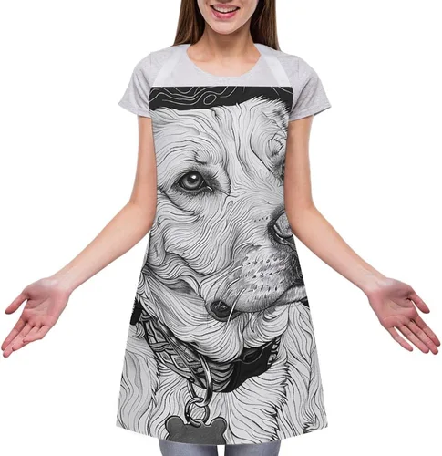 Miniatura 3 de MUSM Apron for Adults - 27.6 X 31.5 Inch, Heavy-Duty Polyester Aprons with Two Large Pockets, Waterproof Line Drawing Dog Kitchen Apron for Cooking