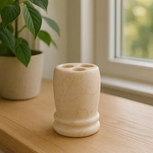 Miniatura 6 de Creative Home Organizador de cepillos de dientes de mármol beige natural, redondo, 3 ranuras, para encimera de baño, soporte para cepillos