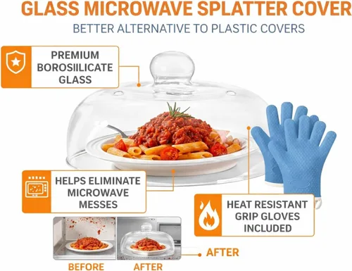 Miniatura 2 de Cubierta de vidrio para salpicaduras de microondas, cubierta de vidrio de borosilicato de 10 pulgadas con asa, incluye guantes resistentes al calor
