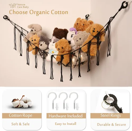 Miniatura 4 de YKBU Hamaca de animales de peluche, red colgante en la esquina, macramé, almacenamiento de animales de peluche, organizador de juguetes