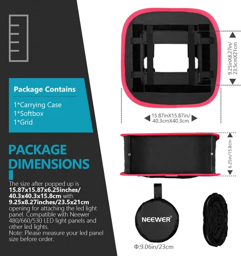 Miniatura 2 de Neewer Caja de luz Softbox plegable con clip de correa, rejilla y bolsa de transporte Compatible con paneles de luz LED Neewer 480/660/530, apertura