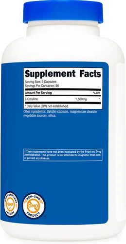 Miniatura 5 de Nutricost L-citrulina 1500 mg, 180 cápsulas – 750 mg por cápsula, sin gluten, sin OMG, el embalaje puede variar (paquete de 2)