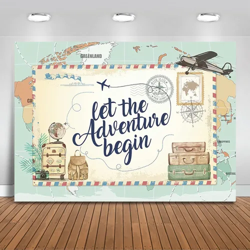 Mocsicka Fondo de la aventura espera, mapa del mundo, Let The Adventure Begin, decoración de fiesta de baby shower, fondos para fotos, viajes