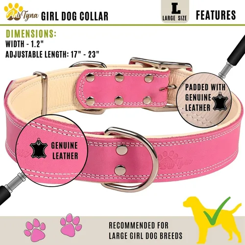 Miniatura 3 de ADITYNA Collar de perro de cuero rosa resistente para perros grandes, forrado con cuero suave, collar de perro para caminar, entrenar y senderismo