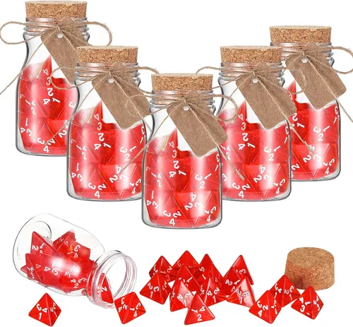 Miniatura 6 de Wettarn 120 dados D4 transparentes rojos D4, 6 botellas de poción curativa, tarros de plástico con tapas de corcho, juego de dados poliédricos