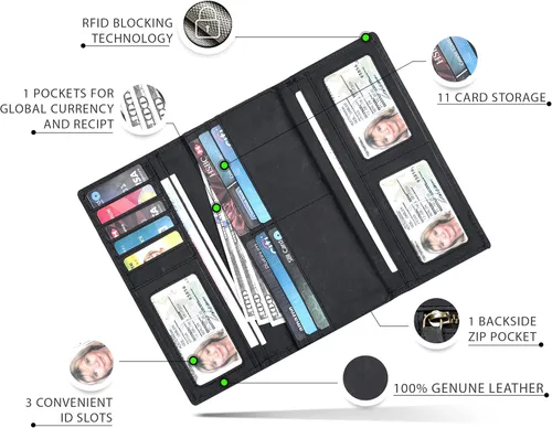 Miniatura 5 de Cartera de cuero real para mujer con bloqueo RFID, diseño triple tarjetero para damas con ventana de identificación