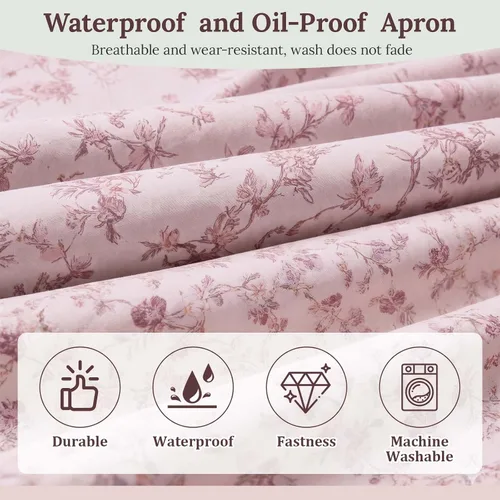 Miniatura 5 de Kitchen Apron, Double Sided Floral Adjustable Waterproof Apron with 2 Pockets for Baking, Salon, BBQ for Mom Wife