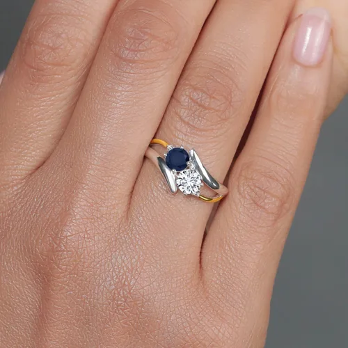 Miniatura 5 de Gem Stone King Anillo cruzado de 2 piedras de zafiro azul de 112 quilates y oro amarillo de 10 quilates cultivado en laboratorio con 2 piedras Metal