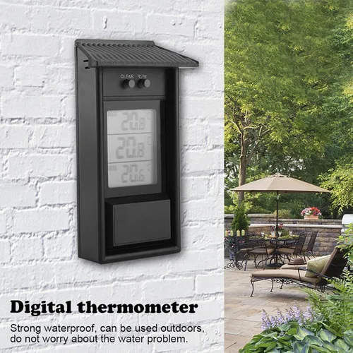 Miniatura 3 de Joyzan Termómetro digital de invernadero, impermeable al aire libre, medidor de temperatura máxima mínima, probador de temperatura alta y baja, Negro