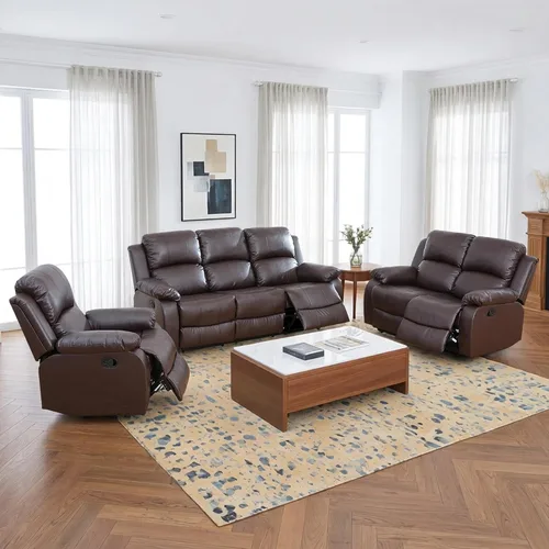 Miniatura 9 de Faux Leather Manual Recliner Sofa Set, 3 Piece Living Room Furniture Set, Loveseat Reclining Couch and 2 Recliner Chairs for RV Home Theater (Black)