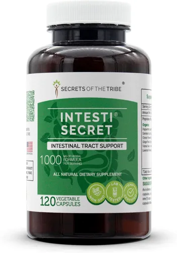 Secrets of the Tribe Intesti Secret, 120 cápsulas, 1000 mg, menta, diente de león, clavo, jengibre, semillas de hinojo, lavanda. Soporte del tracto