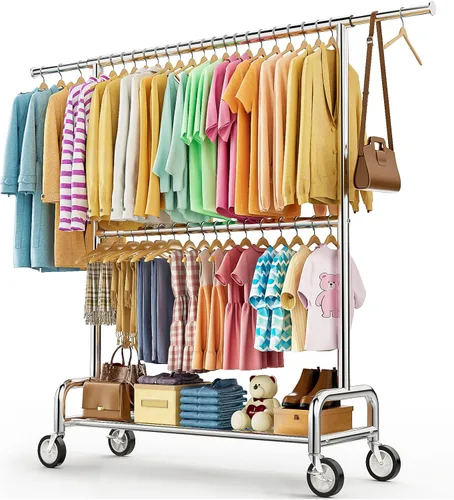 Miniatura 12 de Perchero de ropa resistente con carga de 860 libras, estantes de ropa rodantes de doble barra para colgar ropa, estante de ropa rodante con estantes
