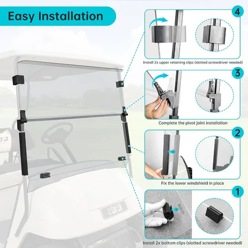 Miniatura 7 de 10L0L Parabrisas para carrito de golf EZGO TXT a gas y eléctrico 1995 en adelante, plegable, anti-UV y resistente a los impactos, Transparente