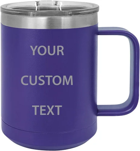 Miniatura 5 de Vaso de viaje de acero inoxidable de 15 onzas con aislamiento de texto personalizado, taza de café para beber auto, asa, tapa deslizante, Blanco