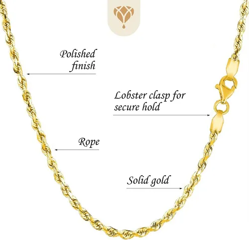 Miniatura 3 de 10K SOLID Yellow Gold 1.25mm-5.00mm Thick Shiny Diamond-Cut Mens Solid Rope Chain Necklace for Pendants and Charms and Bracelet with Lobster-Claw