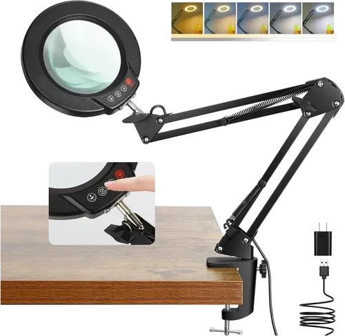Coyeth lupa de 10 aumentos con luz y abrazadera, lupa iluminada con soporte de vidrio real, lámpara de escritorio LED regulable sin escalones con 5