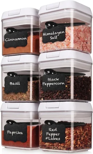 Shazo - Juego de 6 recipientes herméticos para almacenamiento de alimentos + 6 cucharas - Contenedores de plástico transparente sin BPA para