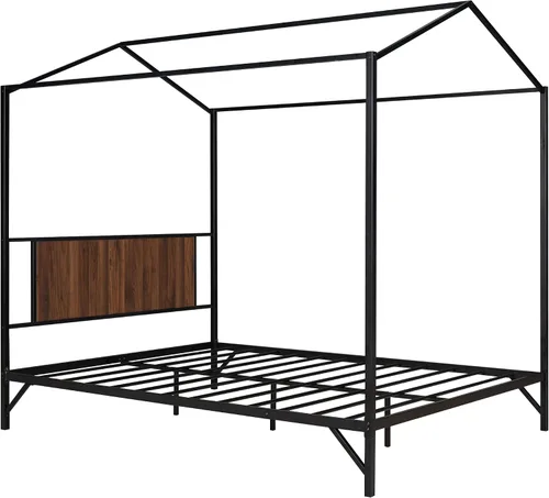 Miniatura 4 de Cama de metal simple con base de tablillas, cama de plataforma tamaño Queen con techo y cabecero, para niños, adolescentes, niños, niñas, uso