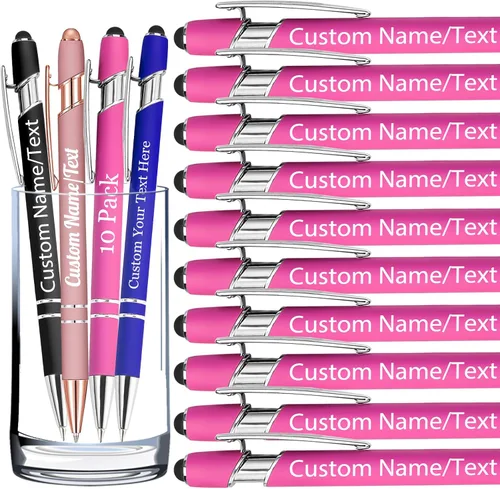 Miniatura 42 de Bolígrafos personalizados con nombre, paquete de 10 bolígrafos personalizados a granel, bolígrafo de tinta negra grabada con punta de lápiz óptico