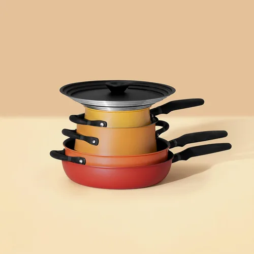 Miniatura 11 de Meyer Juego apilable de 6 piezas con tapas universales, ollas y sartenes anodizadas duras de acero inoxidable y antiadherentes, compatibles
