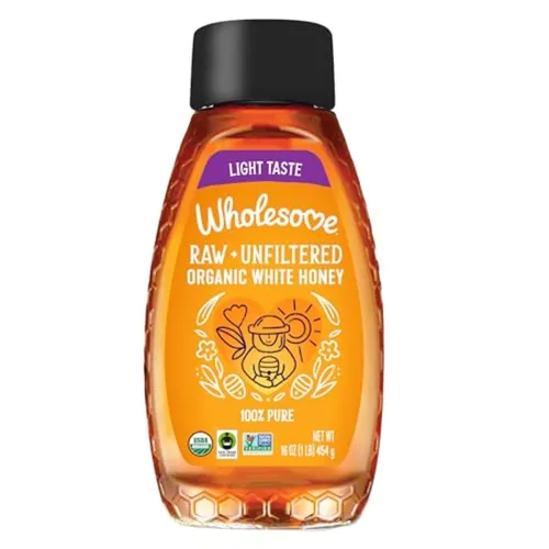 Wholesome Sweeteners Botella de miel blanca cruda orgánica sin filtrar de 16 onzas, 100% pura, certificado de comercio justo, proyecto sin OMG