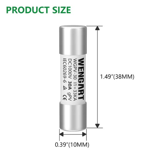 Miniatura 6 de Fusibles Solares Wengart WGPV-30, CC1000V 30Amp, 10x38mm, I133kA, Fusibles Fotovoltaicos Rápidos para Aplicaciones Fotovoltaicas Solares, 10 piezas