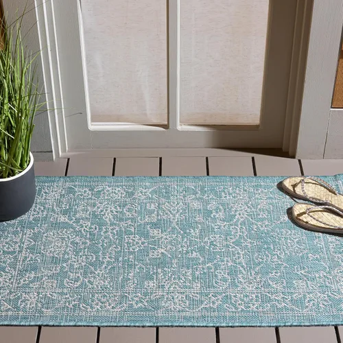 SAFAVIEH Alfombra lavable al aire libre, colección Courtyard - 2'3" x 5', azul aguamarina y gris, no desprende pelusa y fácil limpieza, ideal para