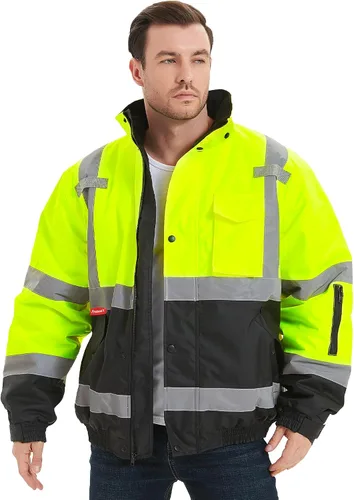 ProtectX Chaqueta de seguridad impermeable de alta visibilidad, Hi Visi Reflectante Invierno Construcción Bomber Chaqueta para hombres y mujeres