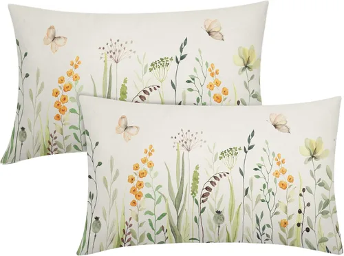 Kawani Fundas de almohadón lumbar florales para primavera y verano de 12x20 pulgadas, flores silvestres amarillas y hojas verdes con mariposas,