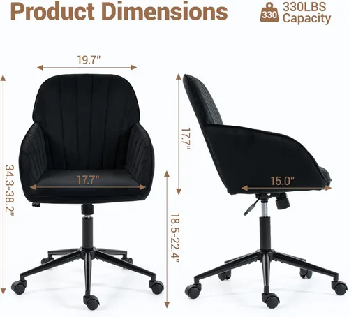 Miniatura 2 de Silla de Oficina para Hogar, Silla Moderna de Maquillaje de Terciopelo con Base Dorada y Ruedas, Silla de Escritorio Giratoria con Altura Ajustable