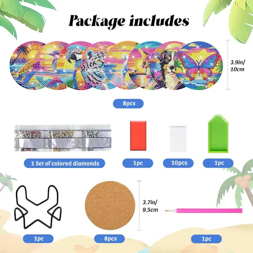 Miniatura 2 de FILASLFT Kit de posavasos de arte de diamantes con soporte, paquete de 8 diseños de animales, redondo de 3.9 pulgadas, incluye almohadillas