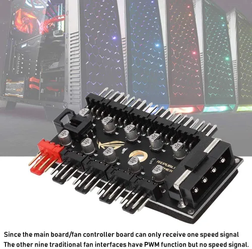 Miniatura 6 de Hub de ventilador de chasis de 4 pines, control de cable de ventilador de carcasa de PC de 10 puertos, divisor de controlador PWM, concentrador