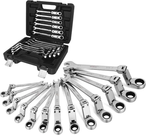 Miniatura 5 de DISEN - Juego de 12 llaves de trinquete con doble articulación, juego de llaves de trinquete de cabeza flexible métrica 8-19mm, llave de combinación
