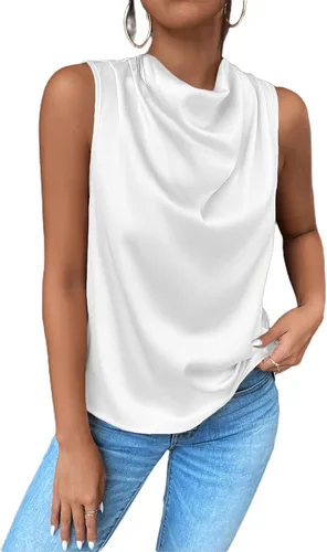 Miniatura 4 de Avanova Blusas de satén sin mangas para mujer, estilo casual, cuello drapeado y fruncido en la parte delantera