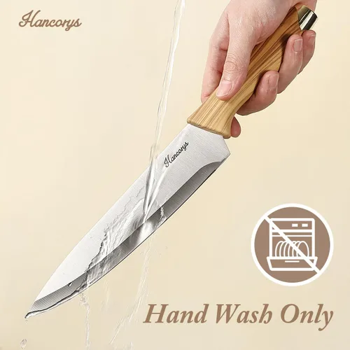 Miniatura 5 de Juego de cuchillos de cocina con afilador, juego de cuchillos de acero inoxidable alemán dorado con bloque y mango ergonómico de grano de madera